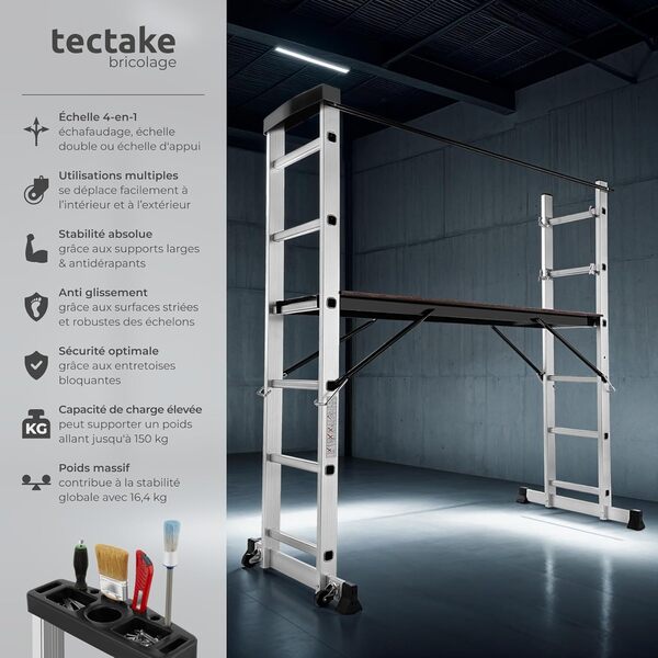 tectake® Échelle Multifonction 3 en 1 Échafaudage Roulant en Acier Plateforme de Travail Antidérapante Échelle Téléscopique Échelle Pliante Escabeau Pliant Bricolage Peinture Toiture