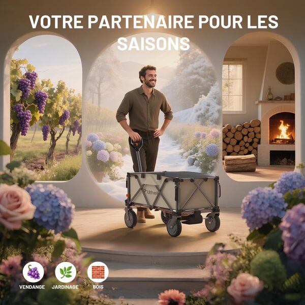 Litheli Chariot électrique Pliable avec pneus Tout-Terrain de 20 cm, capacité de 200L, Charge maximale de 60 kg, 2 Freins, Convient pour Le Camping, Le Jardin, la Plage, Les Courses Gris (2 Piles)