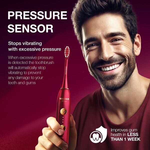 Wagner Stern WHITEN+ – Brosse à dents électrique avec capteur de pression, 5 modes, 3 intensités, 8 têtes souples, moteur puissant, étui de voyage luxe inclus