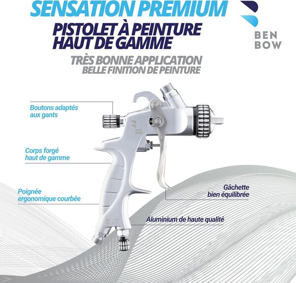 BenBow Pistolet à Peinture PK60 HVLP 1,4 mm buse + réservoir de Peinture de 600 ML – idéal pour la Peinture Automobile, Les projets DIY - Parfait pour Les Couches de Base et Les Vernis