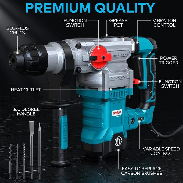 ENEACRO Réglable,Souple Marteau Perforateur, 1500W 6J, 6 Vitesses, 4 Fonctions & Plus Rapidement Changer Le Mandrin SDS-Plus, Embrayage de Sécurité & Technologie Anti-vibration