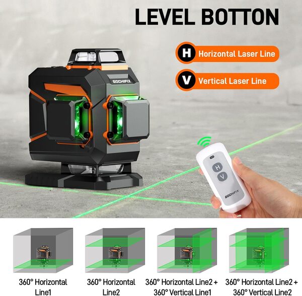 Niveau laser GOCHIFIX 4x360 16 lignes 4D niveau laser vert auto-nivelant outil de niveau vertical horizontal pour la construction Tube laser Sharp 520 batterie rechargeable 5,2 Ah mode impulsion