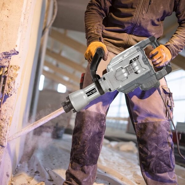 Practixx Marteau de démolition | Marteau piqueur PX-AB-55 | Puissance de frappe 55J | 1700W | 1900BPM | Admission SDS HEX | Softgrip | Burin pointu, burin plat de 410mm & coffret inclus