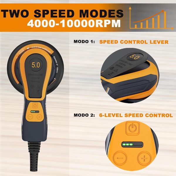 MAXXT Ponceuse electrique sans balais de 150 mm, Ponceuse orbitale 5,0mm, Frein automatique-2s, 6 vitesses réglables et 10 feuilles de papier de verre incluses, Câble de 5M