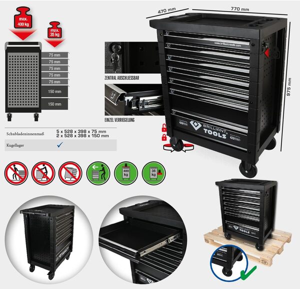 BRILLIANT TOOLS BT152900 Chariot d’atelier avec 7 tiroirs, vide [Powered by KS TOOLS]