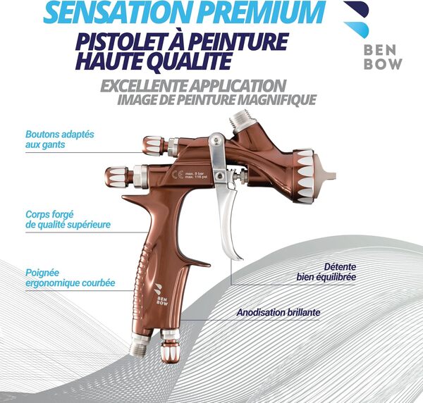 BenBow Pistolet à Air Professionnel PK80 Premium Avec Accessoires - Comprimé Avec Coupelle Pour Peinture Automobile 2.0mm