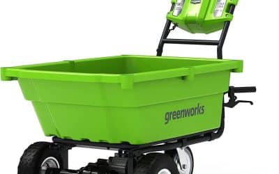 Test du chariot électrique Greenworks G40GC : capacité 100 kg et basculement facile